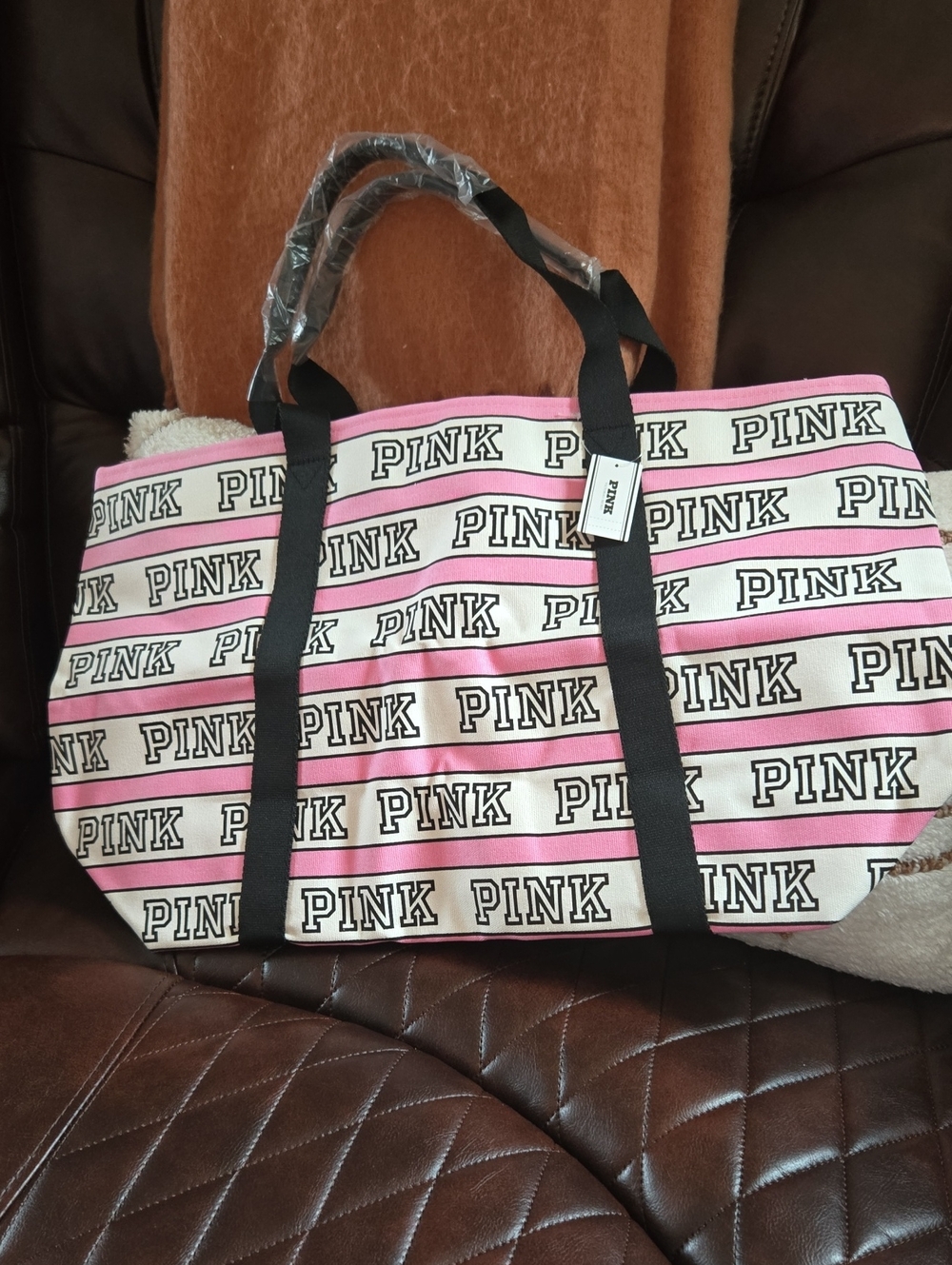 💕PINK Victoria's Secret Pink & White Logo Stripe Tote with Black Handles💕NEW